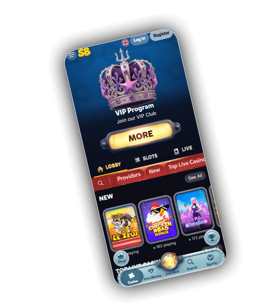 Startansicht von SpinBob auf dem Smartphone mit einer silbernen Krone samt Dreizack und Seestern, dem Text VIP Program und Join our VIP Club, einem gelben Button MORE, den Reitern Lobby, Slots und Live, einer roten Filterleiste und der Reihe NEW mit Le Zeus, Chicken Road Bonus und Beach Princess Bonanza
