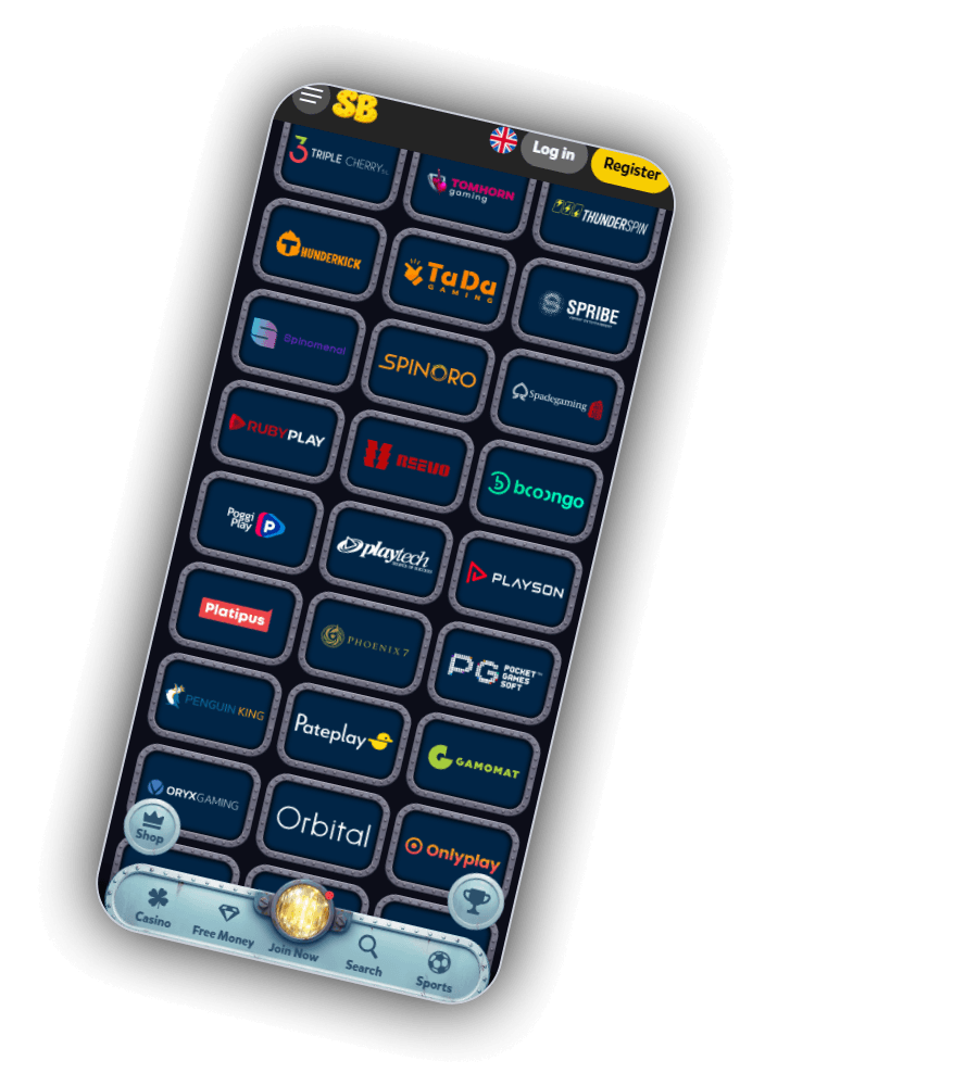 Providerbereich von SpinBob mit Logos von Triple Cherry, Tom Horn Gaming, Thunderspin, Thunderkick, TaDa Gaming, Spribe, Spinomenal, Spinoro, Spadegaming, Ruby Play, Reevo, Booongo, Poggi Play, Playtech, Playson, Platipus, Phoenix 7, PG Soft, Penguin King, Pateplay, Gamomat, Oryx Gaming, Orbital und Onlyplay