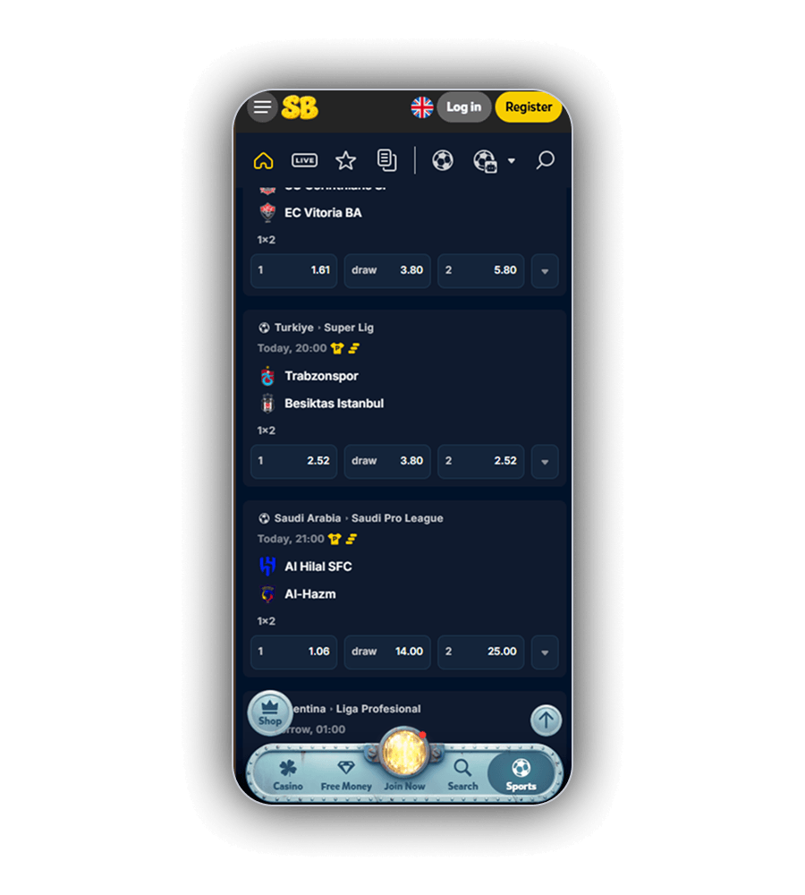 Sportwetten bei SpinBob auf dem Smartphone mit Symbolleiste für Start, LIVE, Favoriten, Wettschein und Fussball, Spielen der Turkiye Super Lig und der Saudi Pro League sowie Quoten im Format 1, draw und 2